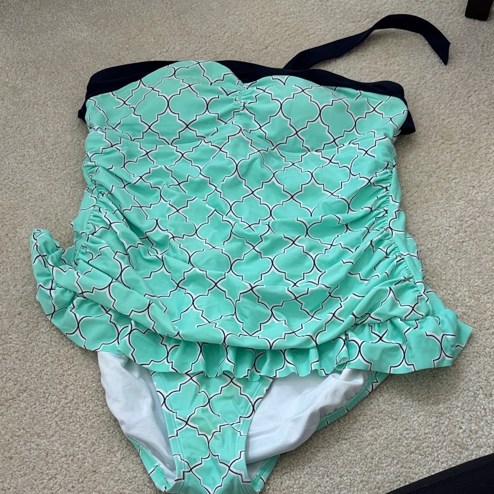 Crown & Ivy Mint and Navy Geometric One Piece
